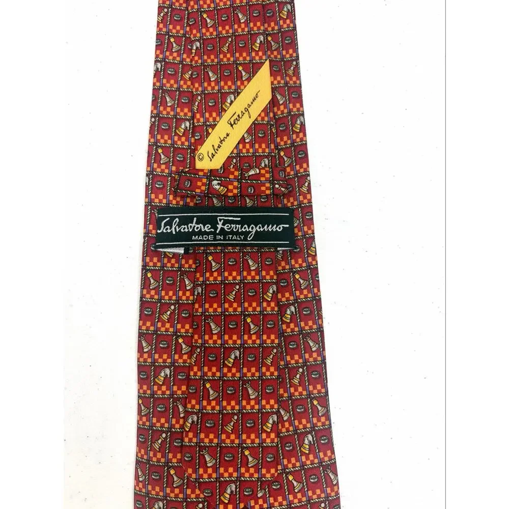 Salvatore Ferragamo Chess Piece Print 100% Silk Necktie Made in Italy Designer